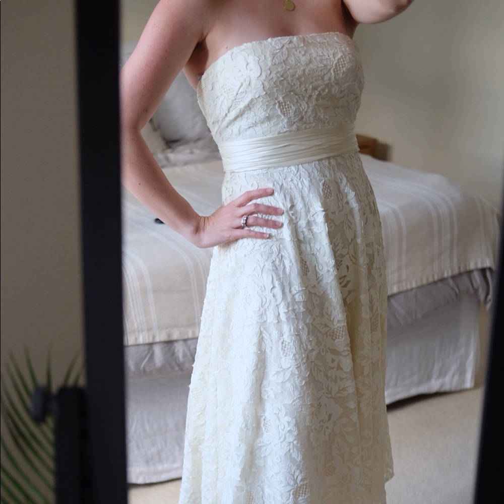 A-line cream lace strapless dress